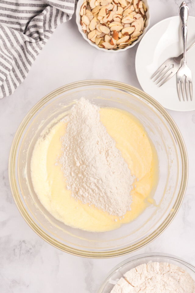dry ingredients added to wet ingredients for cake batter