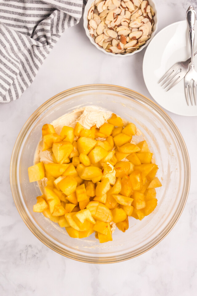 diced fresh peaches added to cake batter