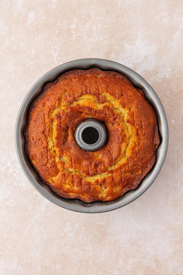 freshly baked peach pound cake in a Bundt pan