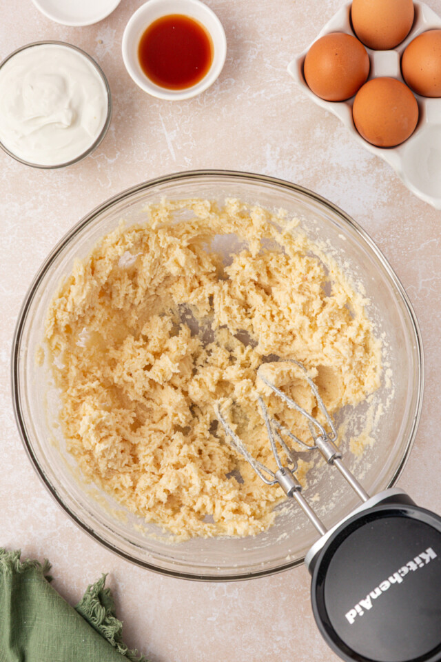 creamed butter and sugars in a mixing bowl