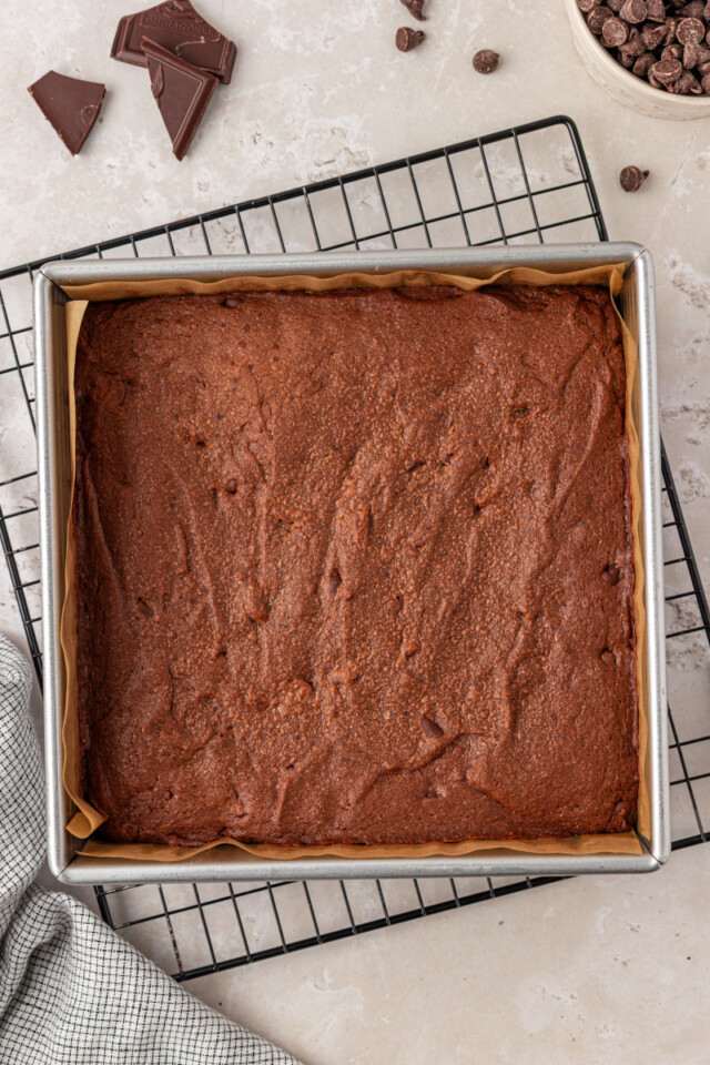 freshly baked sour cream brownies in a square baking pan