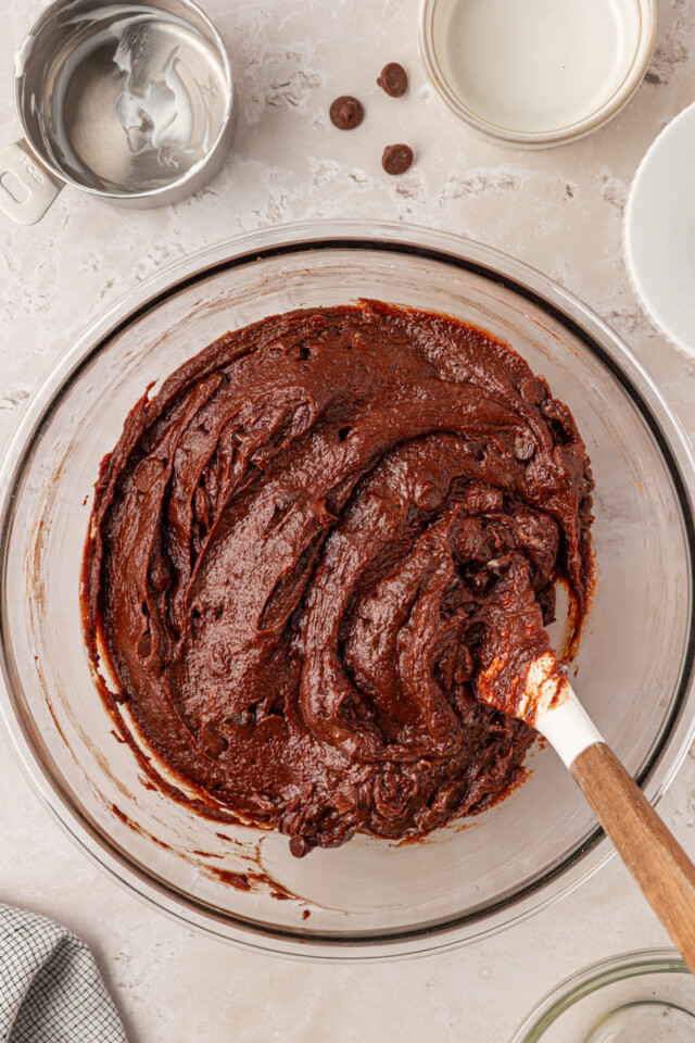 sour cream brownie batter in a mixing bowl