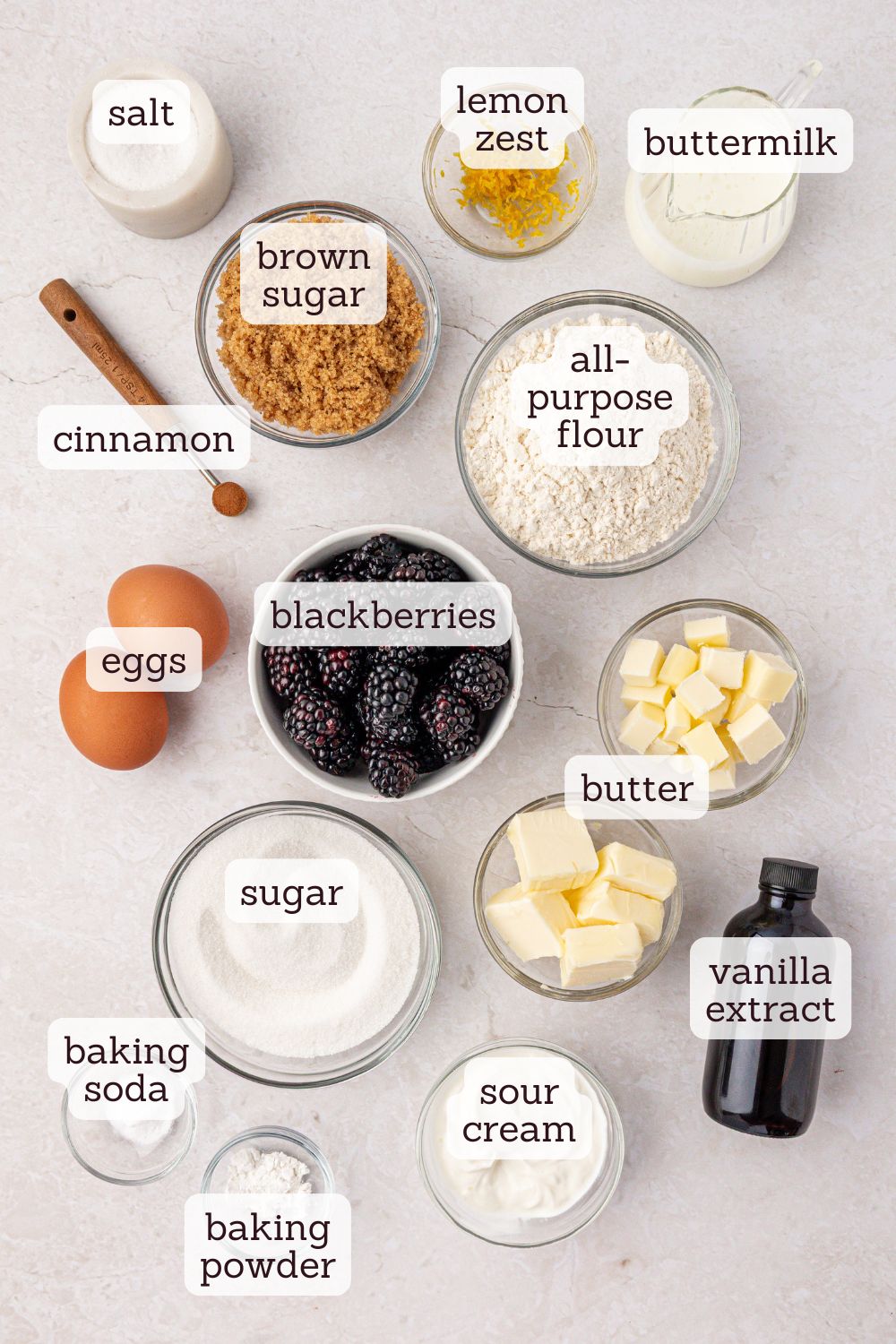 overhead view of ingredients for blackberry buckle