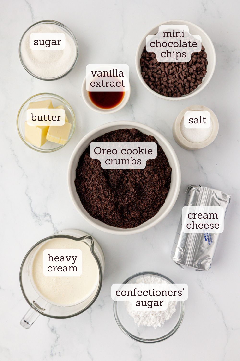 overhead view of ingredients for chocolate chip icebox pie