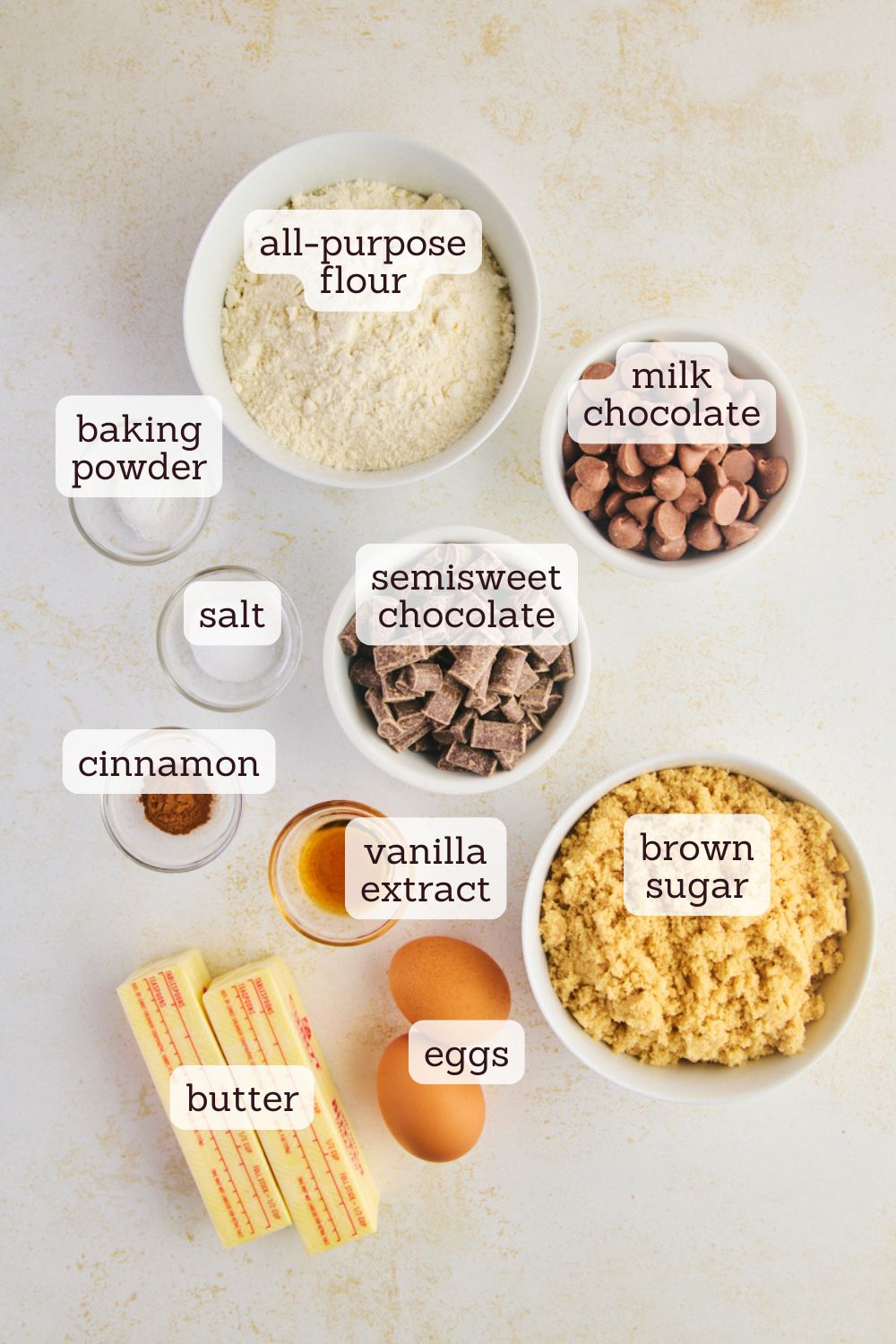 overhead view of ingredients for chocolate chunk blondies