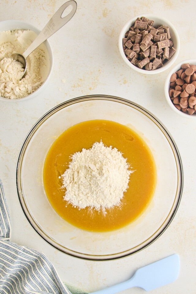 dry ingredients added to wet ingredients for blondie batter
