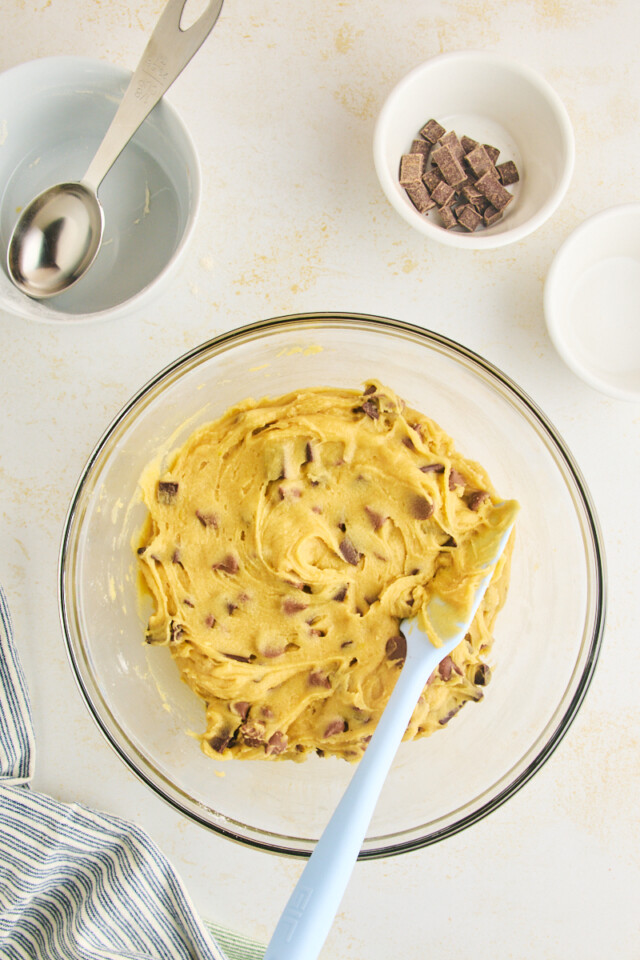 chocolate chunk blondie batter in a mixing bowl