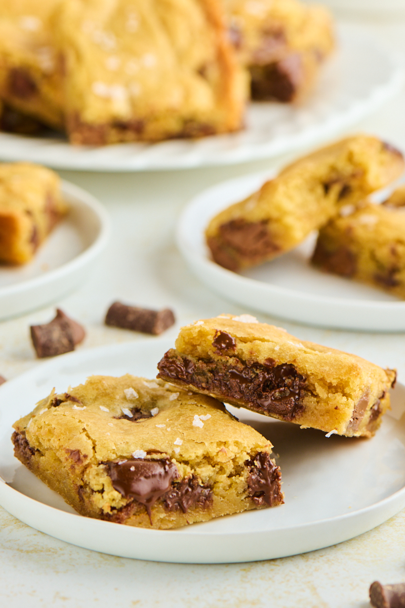 two chocolate chunk blondies filled with semisweet and milk chocolate chunks