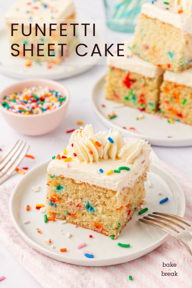 a piece of funfetti sheet cake with vanilla buttercream; text overlay "funfetti sheet cake"