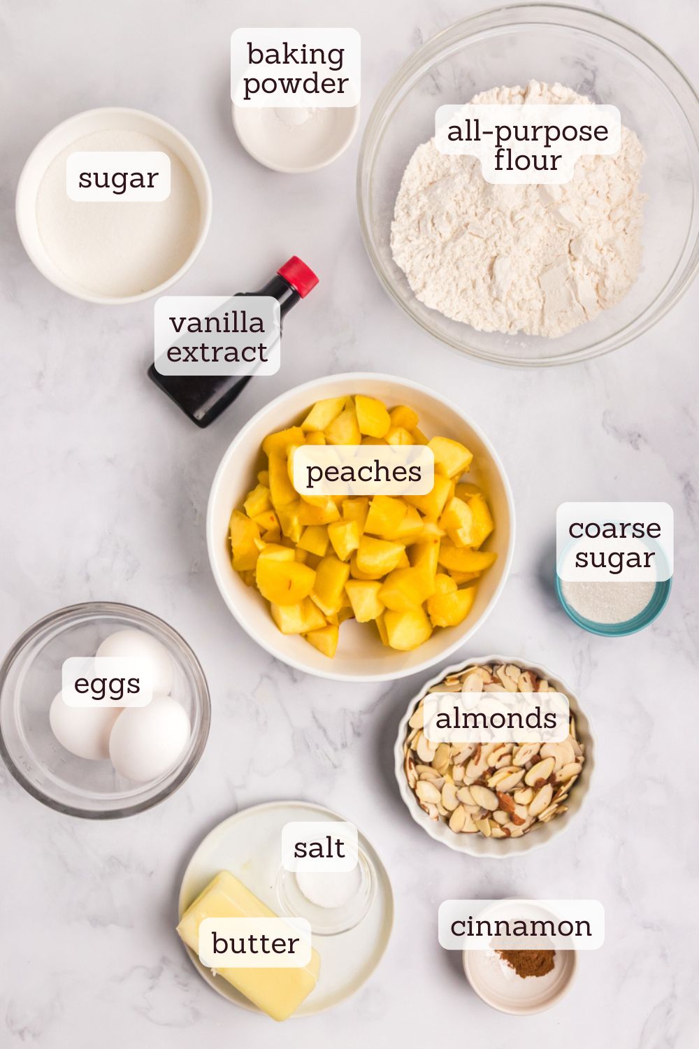overhead view of ingredients for peach buckle
