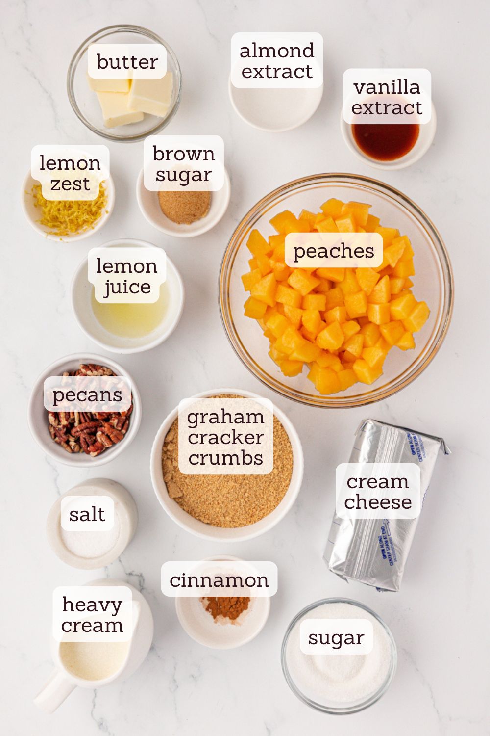 overhead view of ingredients for no-bake peach cheesecake jars