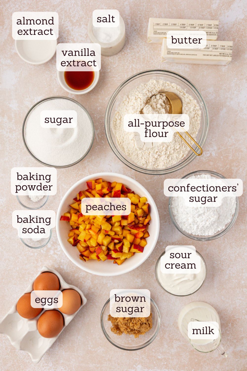 overhead view of ingredients for peach pound cake