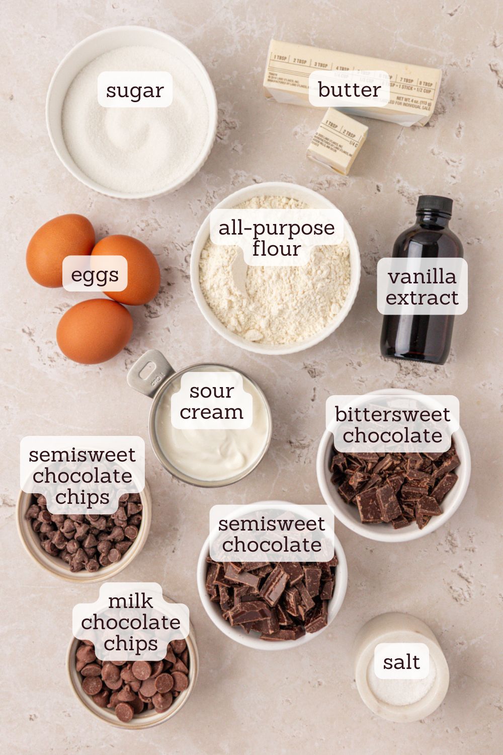 overhead view of ingredients for sour cream brownies