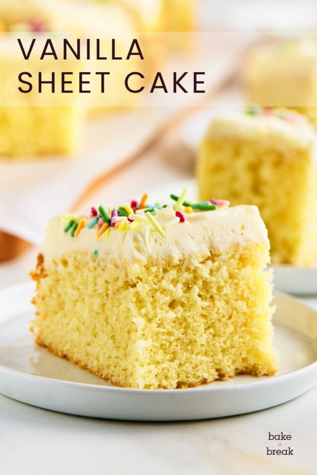 slice of vanilla cake topped with vanilla frosting and rainbow sprinkles; text overlay "vanilla sheet cake"