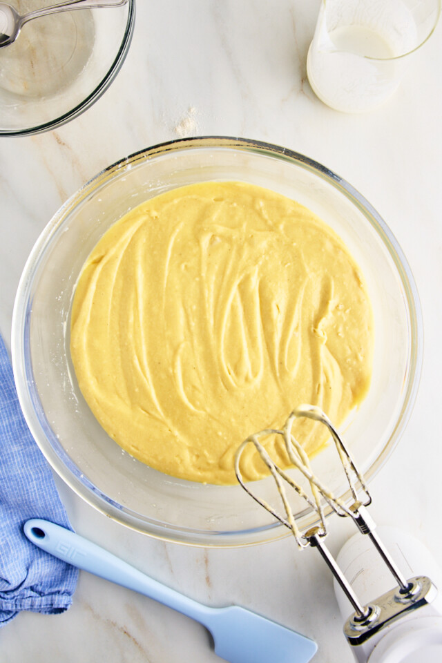 vanilla cake batter in a mixing bowl