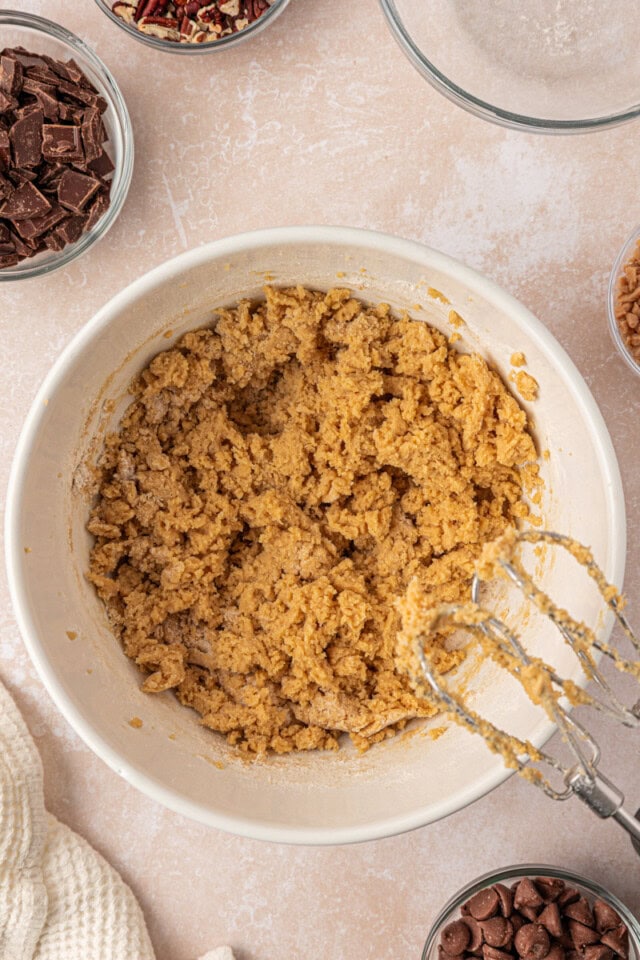 overhead view of cookie dough in a mixing bowl