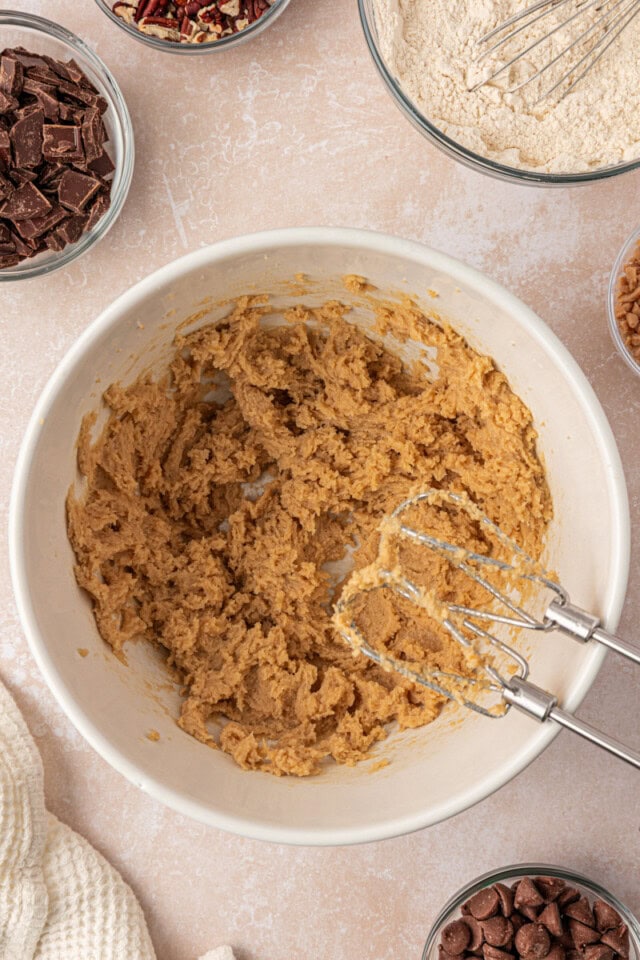 creamed butter and brown sugar in a mixing bowl