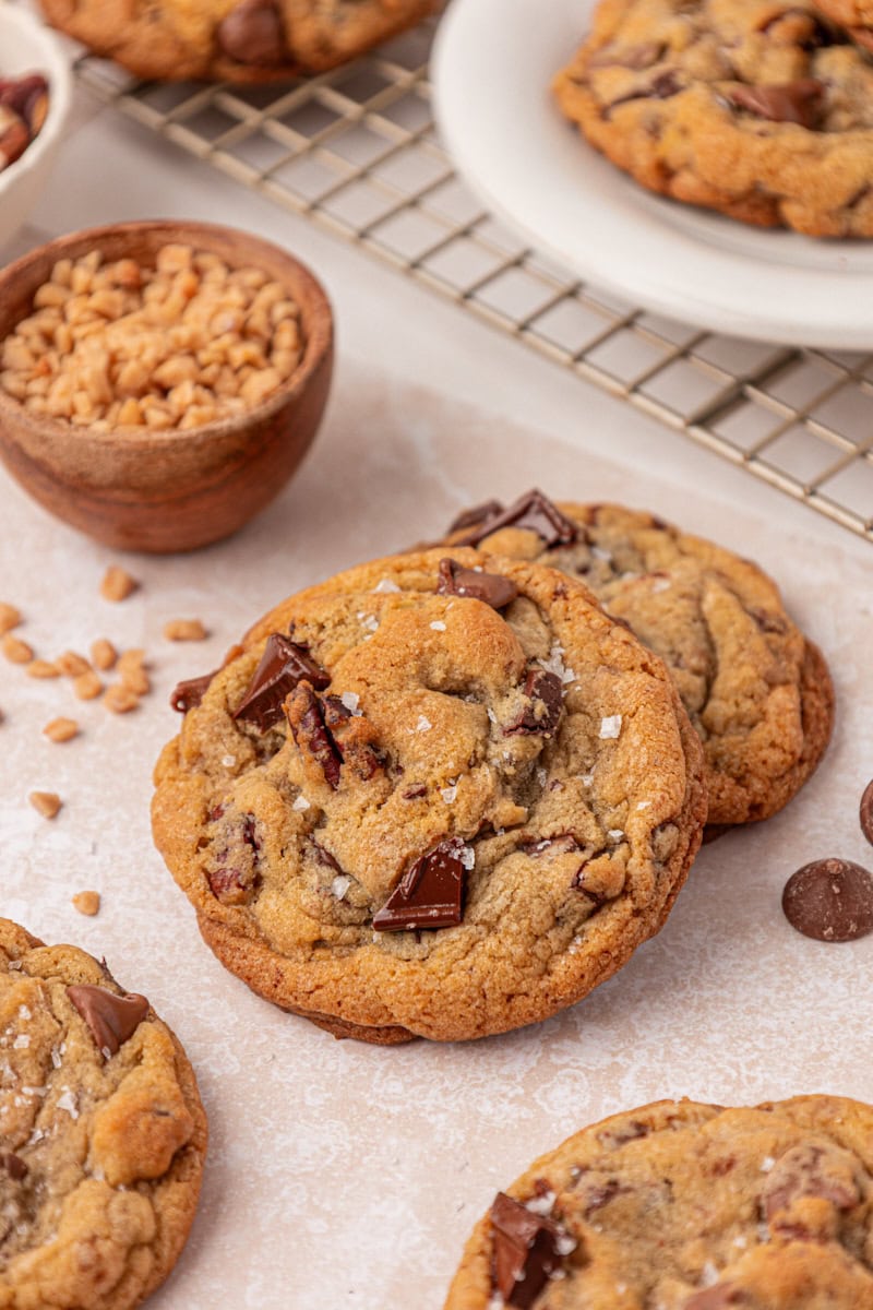 thick, chewy loaded chocolate chip cookies topped with flaky sea salt