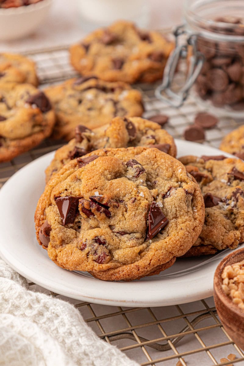 bakery-style loaded chocolate chip cookies on a white plate with more cookies in the background
