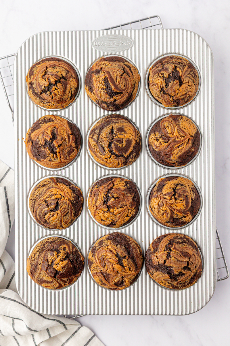 overhead view of freshly baked chocolate peanut butter swirl muffins in a muffin pan