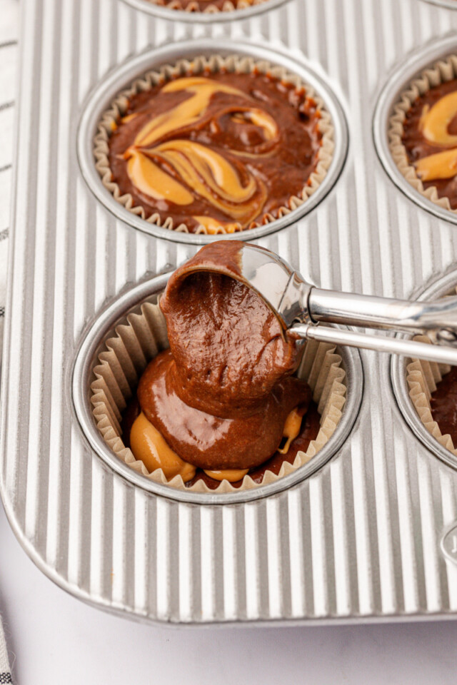 assembling chocolate peanut butter swirl muffins in a muffin pan