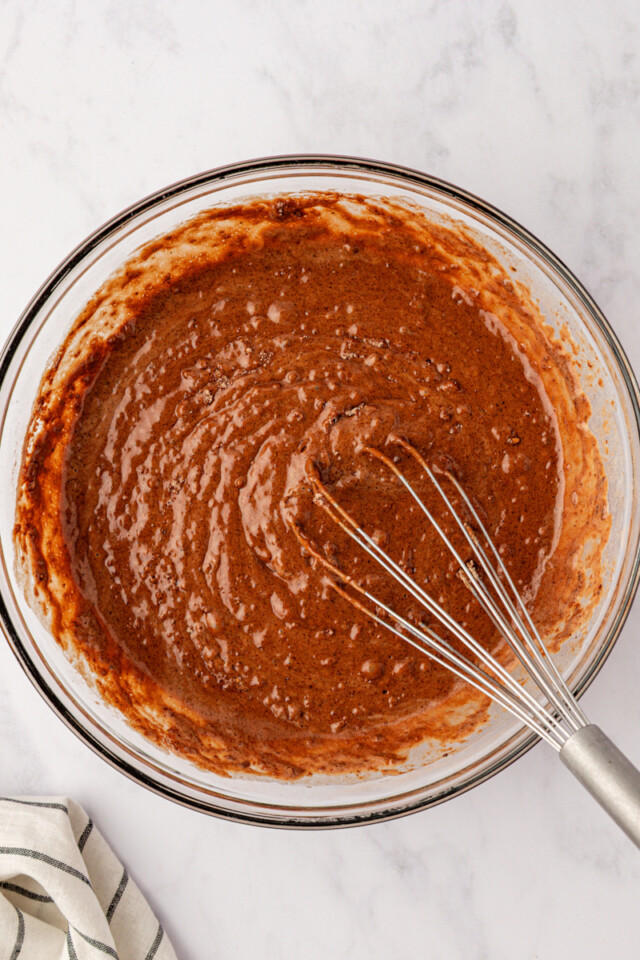 chocolate muffin batter in a mixing bowl