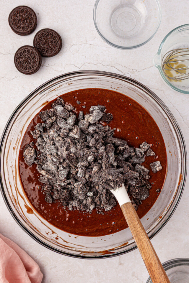 chopped Oreo cookies added to chocolate cake batter