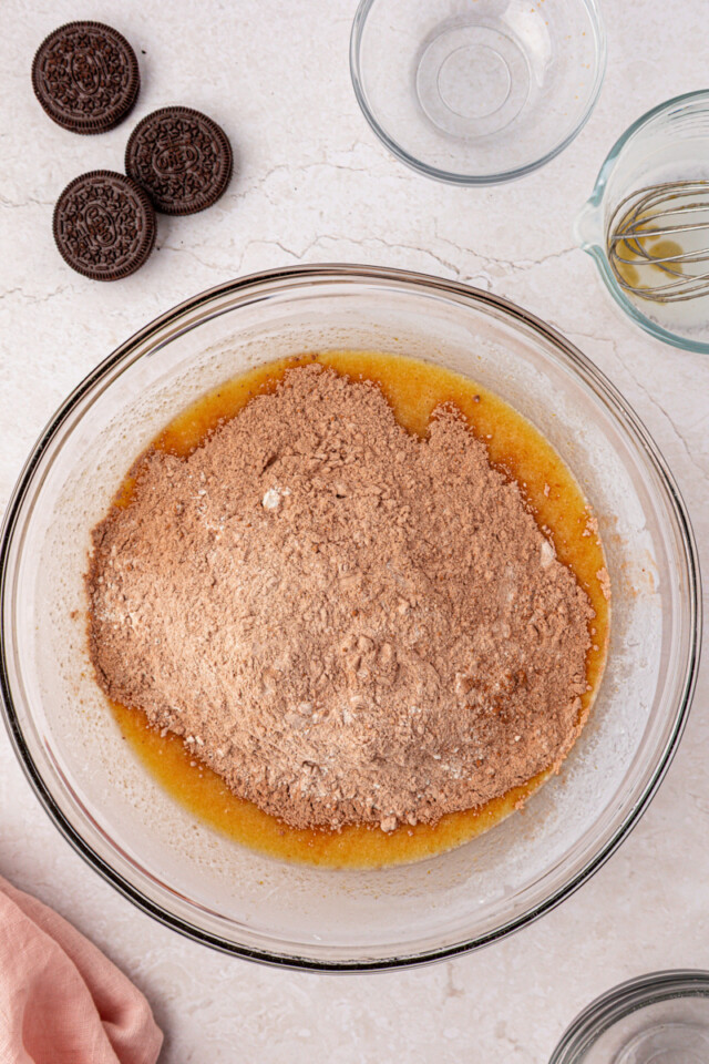 dry ingredients added to wet ingredients for chocolate cake