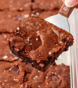close-up of a brownie showing its chewy edges, crackly top, and fudgy center