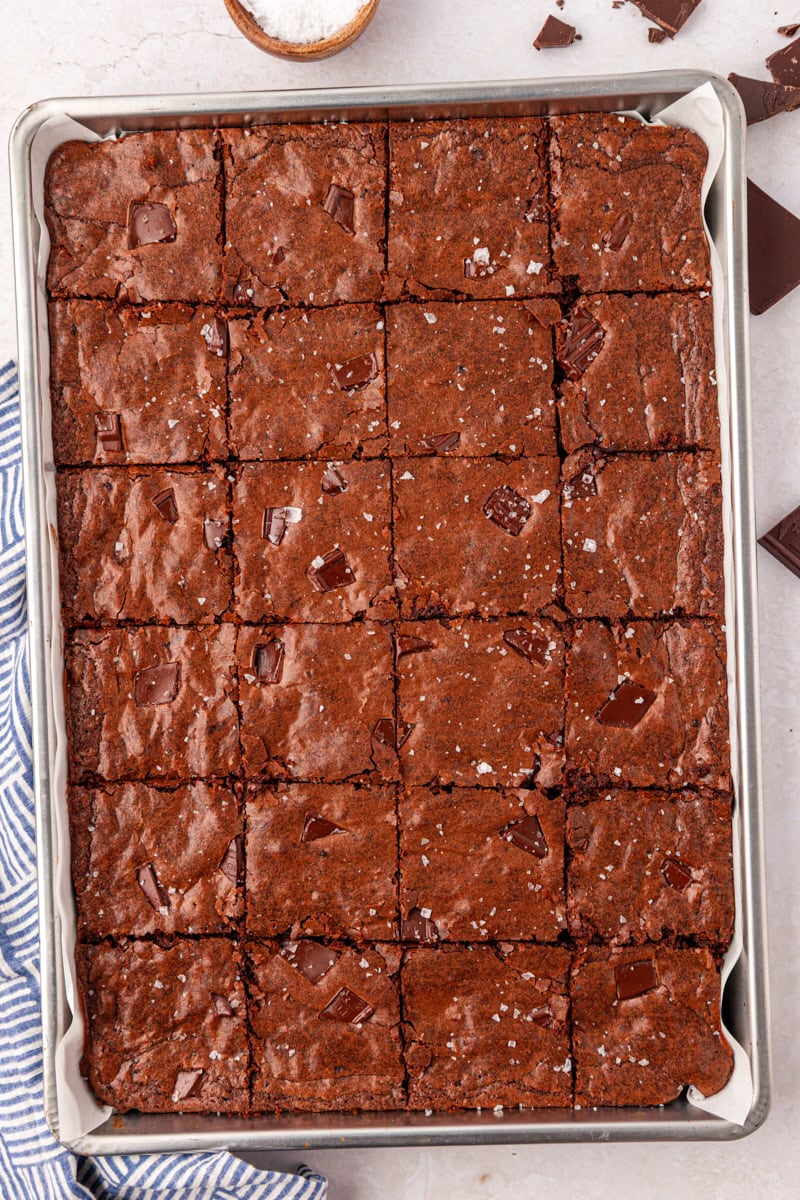 a large batch of fudgy brownies cut into squares