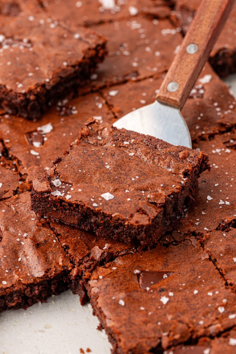 sliced brownies sprinkled lightly with flaky salt