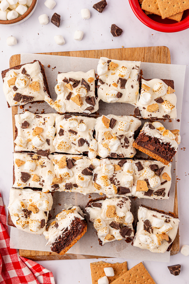 overhead view of s'mores brownies topped with marshmallow frosting, toasted marshmallows, and bits of chocolate and graham crackers