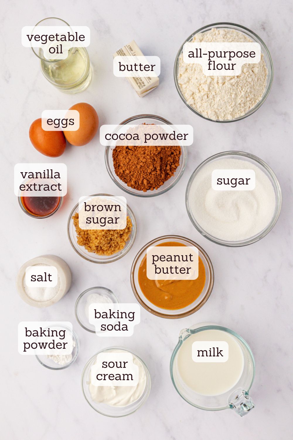 overhead view of ingredients for chocolate peanut butter swirl muffins