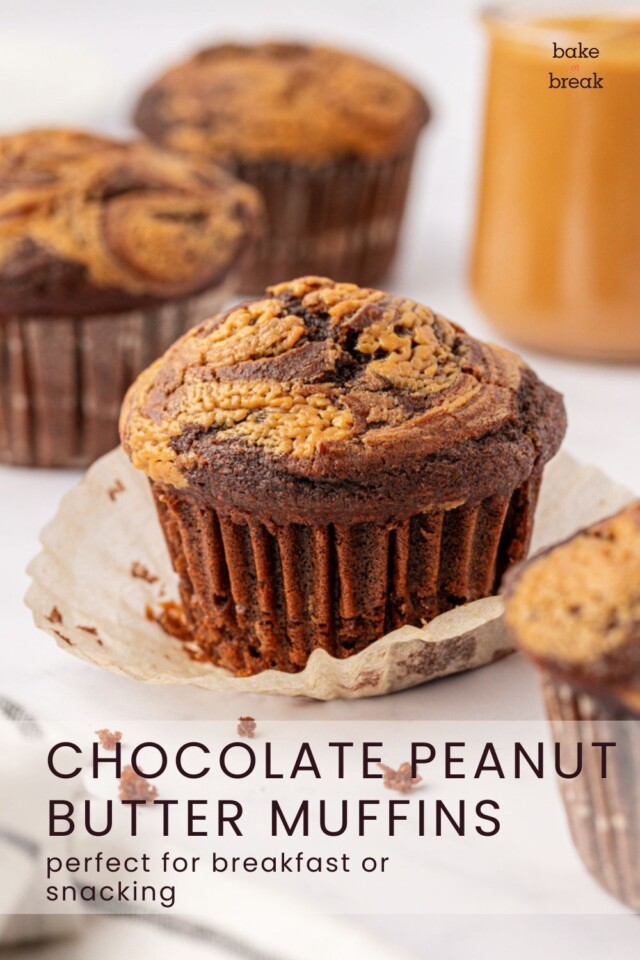 close up of a chocolate peanut butter swirl muffin; text overlay "chocolate peanut butter muffins - perfect for breakfast or snacking"