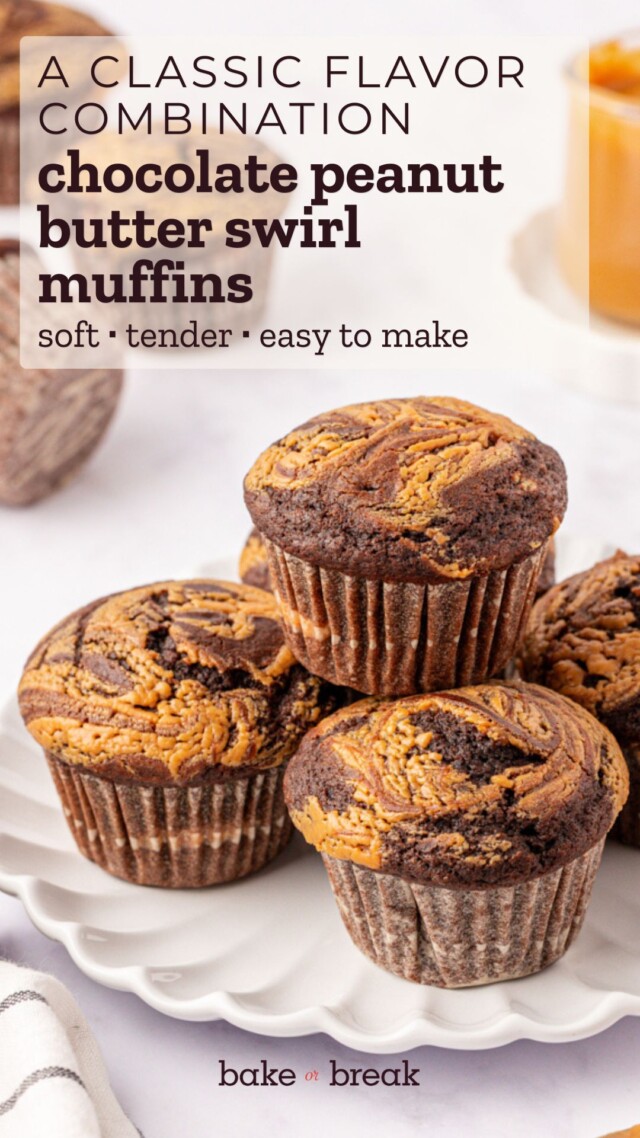 chocolate peanut butter muffins on a white plate; text overlay "a classic flavor combination - chocolate peanut butter swirl muffins - soft, tender, easy to make"