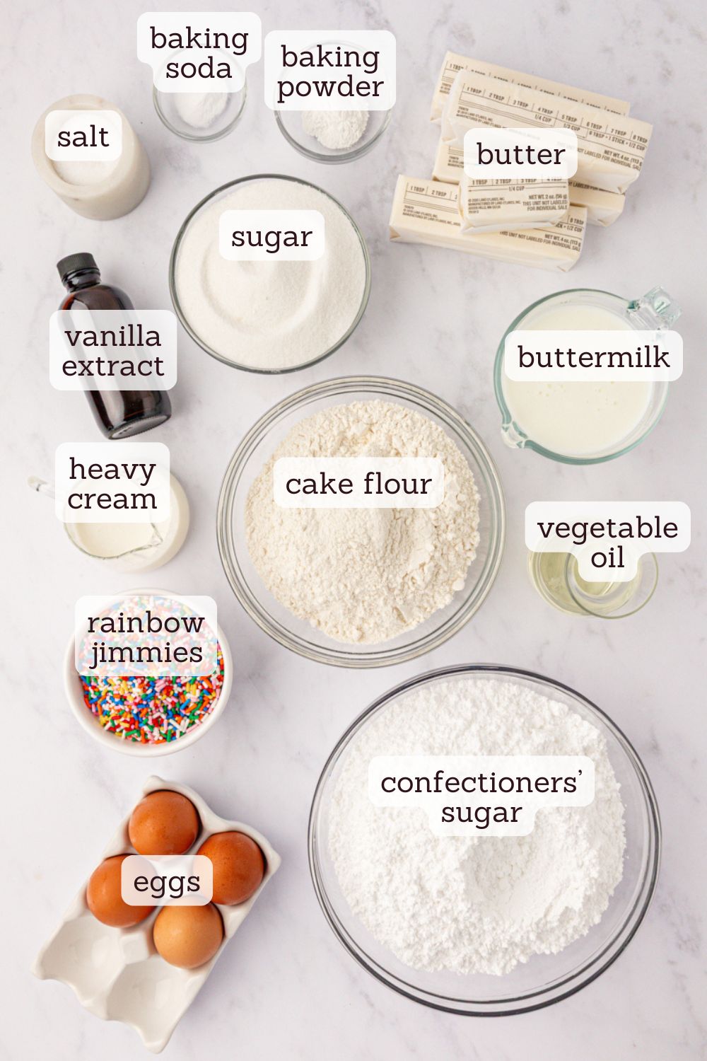 overhead view of ingredients for funfetti sheet cake