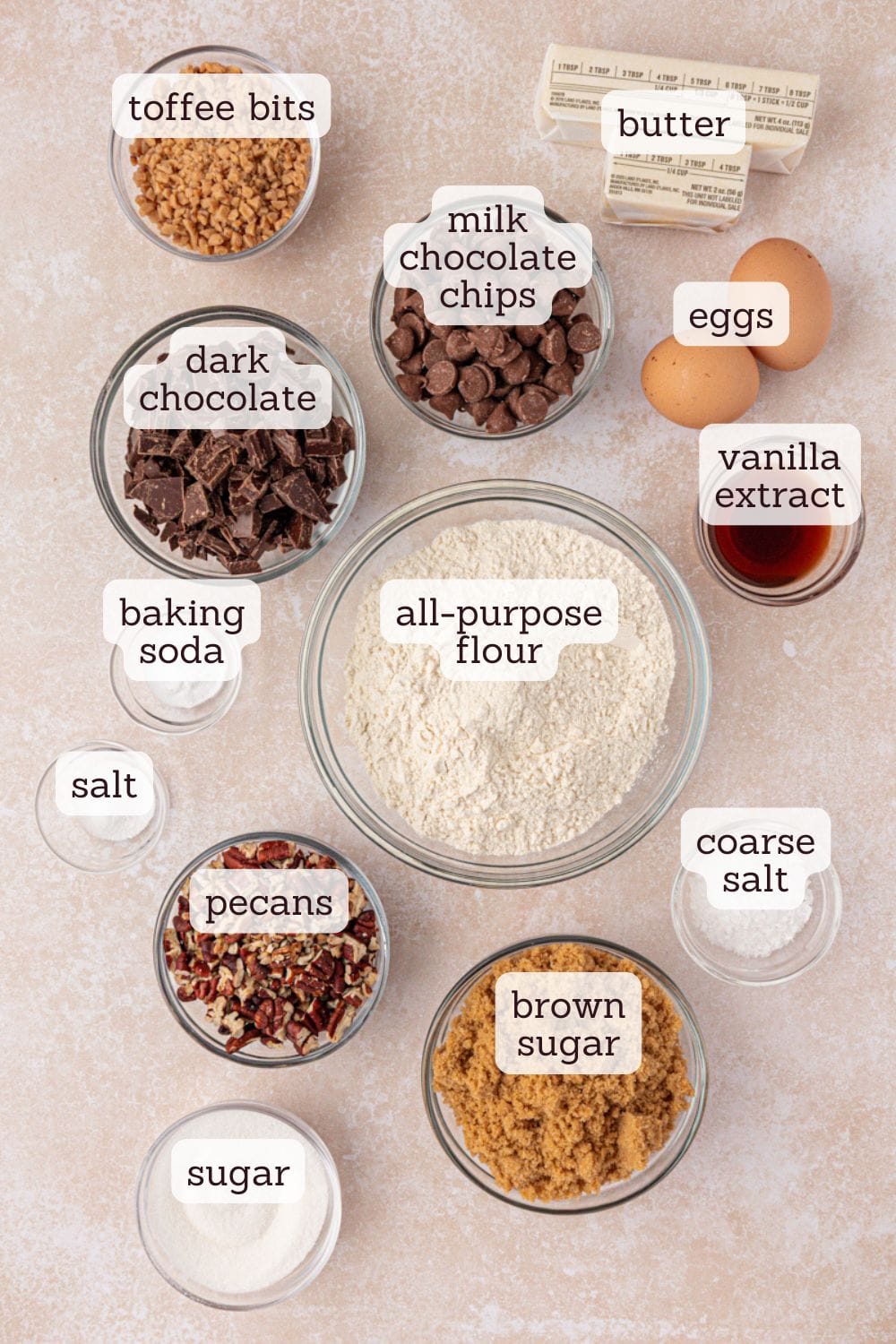 overhead view of ingredients for loaded chocolate chip cookies