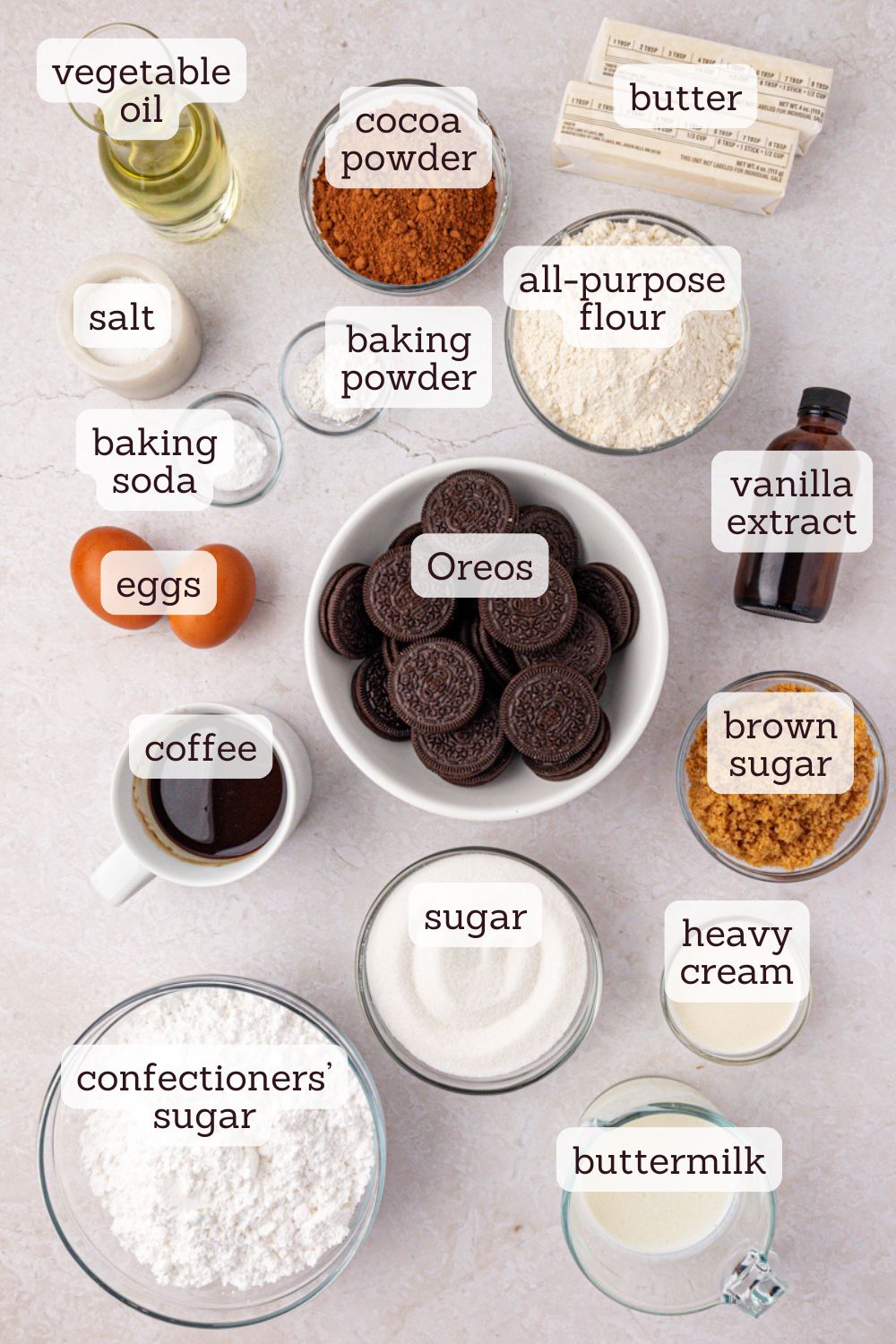 overhead view of ingredients for Oreo sheet cake with cookies and cream frosting