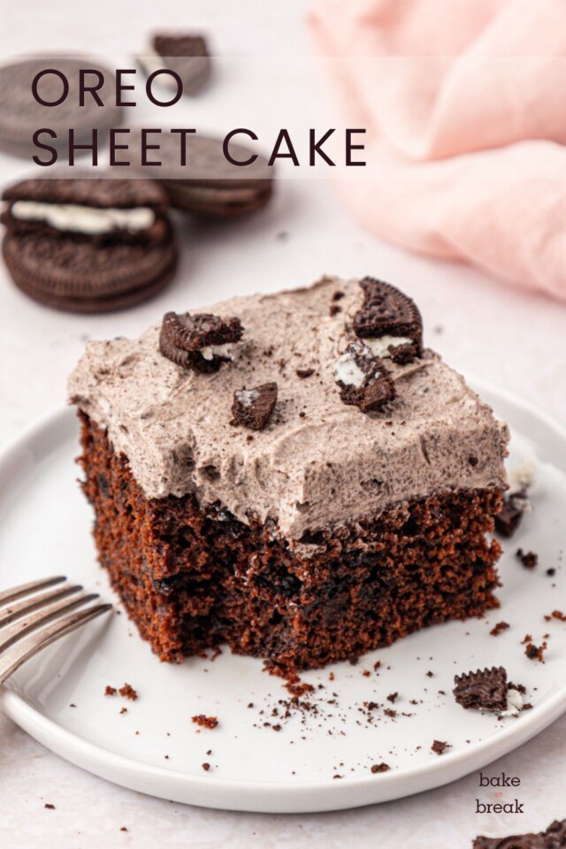 a slice of cookie-filled chocolate cake topped with cookies and cream frosting; text overlay "Oreo sheet cake"