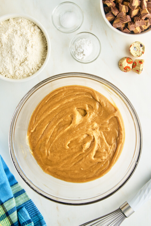 melted butter, peanut butter, brown sugar, eggs, and vanilla combined in a mixing bowl