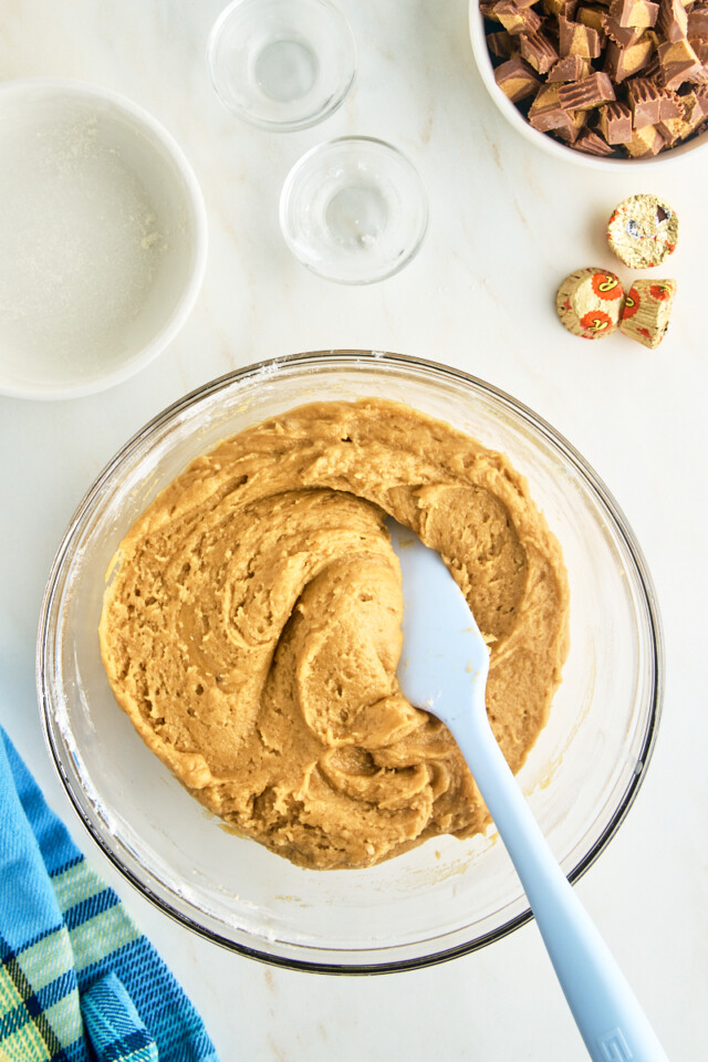 peanut butter blondie batter in a mixing bowl