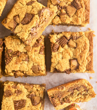 overhead view of thick, chewy peanut butter cup blondies