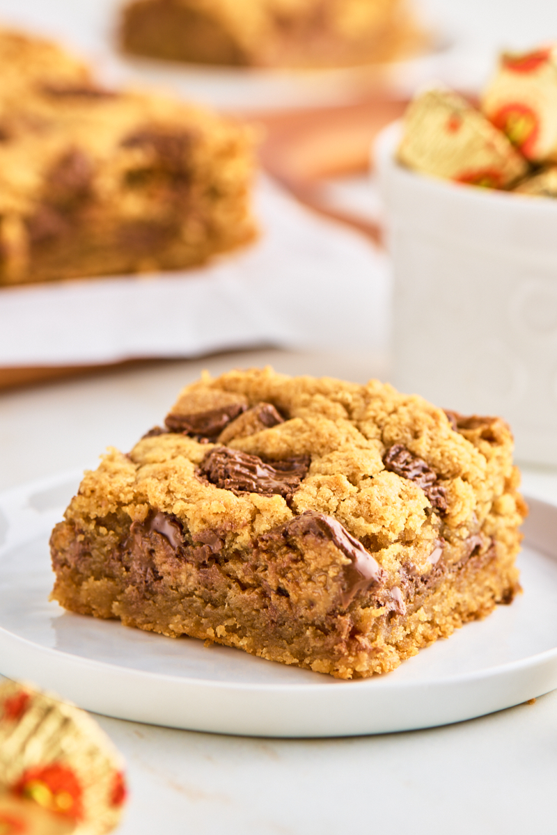 a peanut butter cup blondie on a white plate