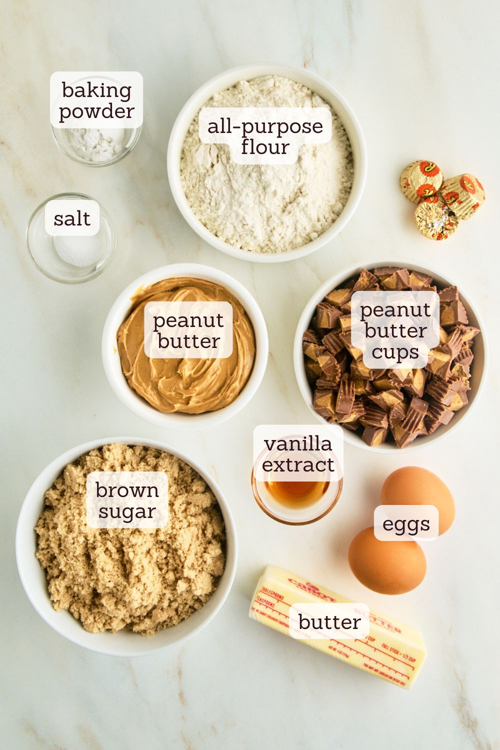 overhead view of ingredients for peanut butter cup blondies