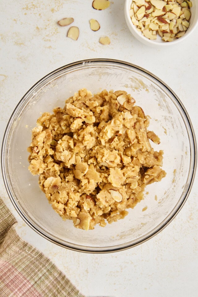 overhead view of cinnamon-almond crumb topping in a mixing bowl