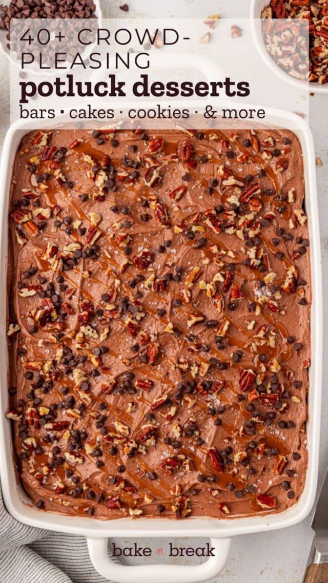 overhead view of chocolate turtle cake in a white baking pan; text overlay "40+ crowd-pleasing potluck desserts - bars, cakes, cookies, & more"