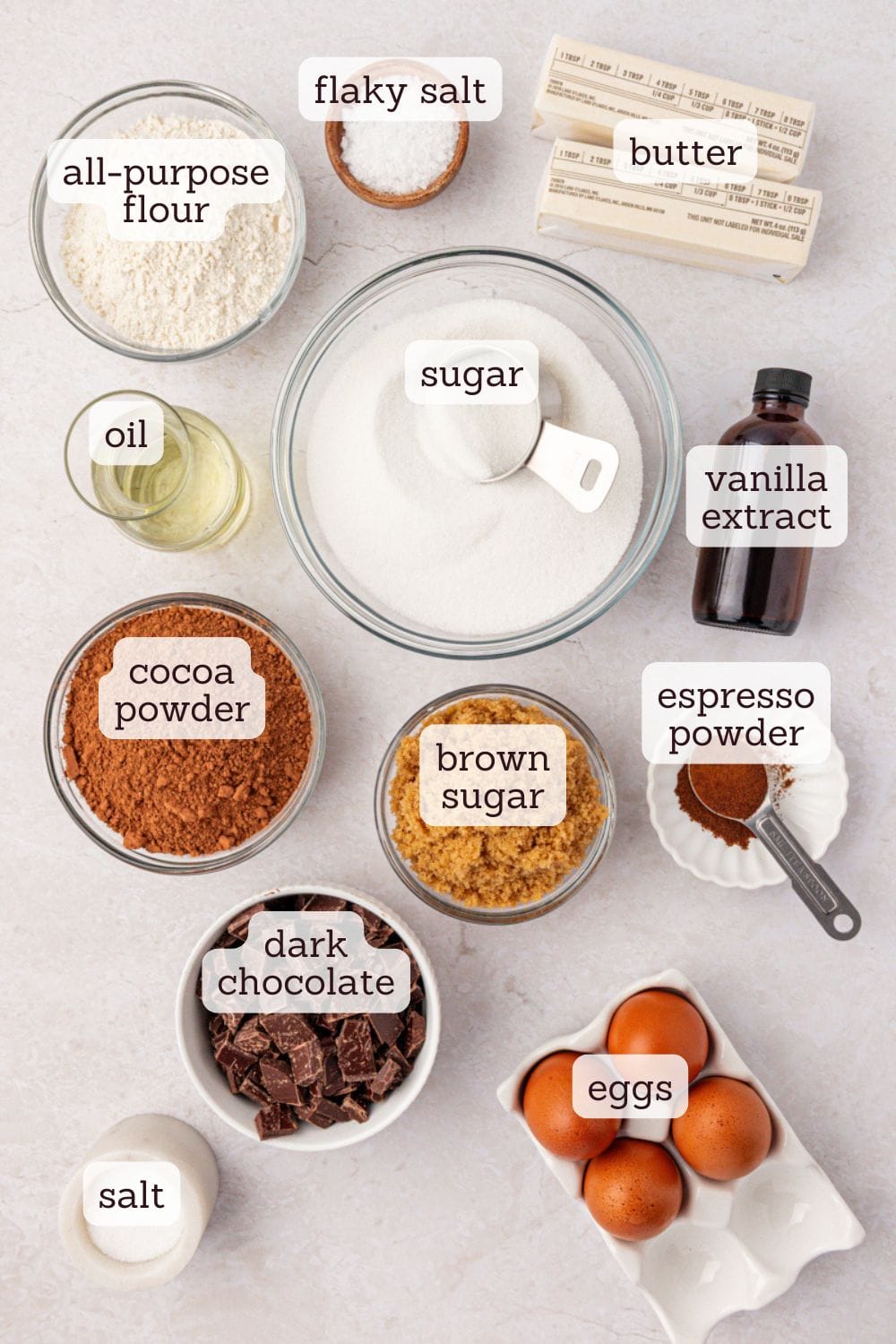 overhead view of ingredients for sheet pan brownies