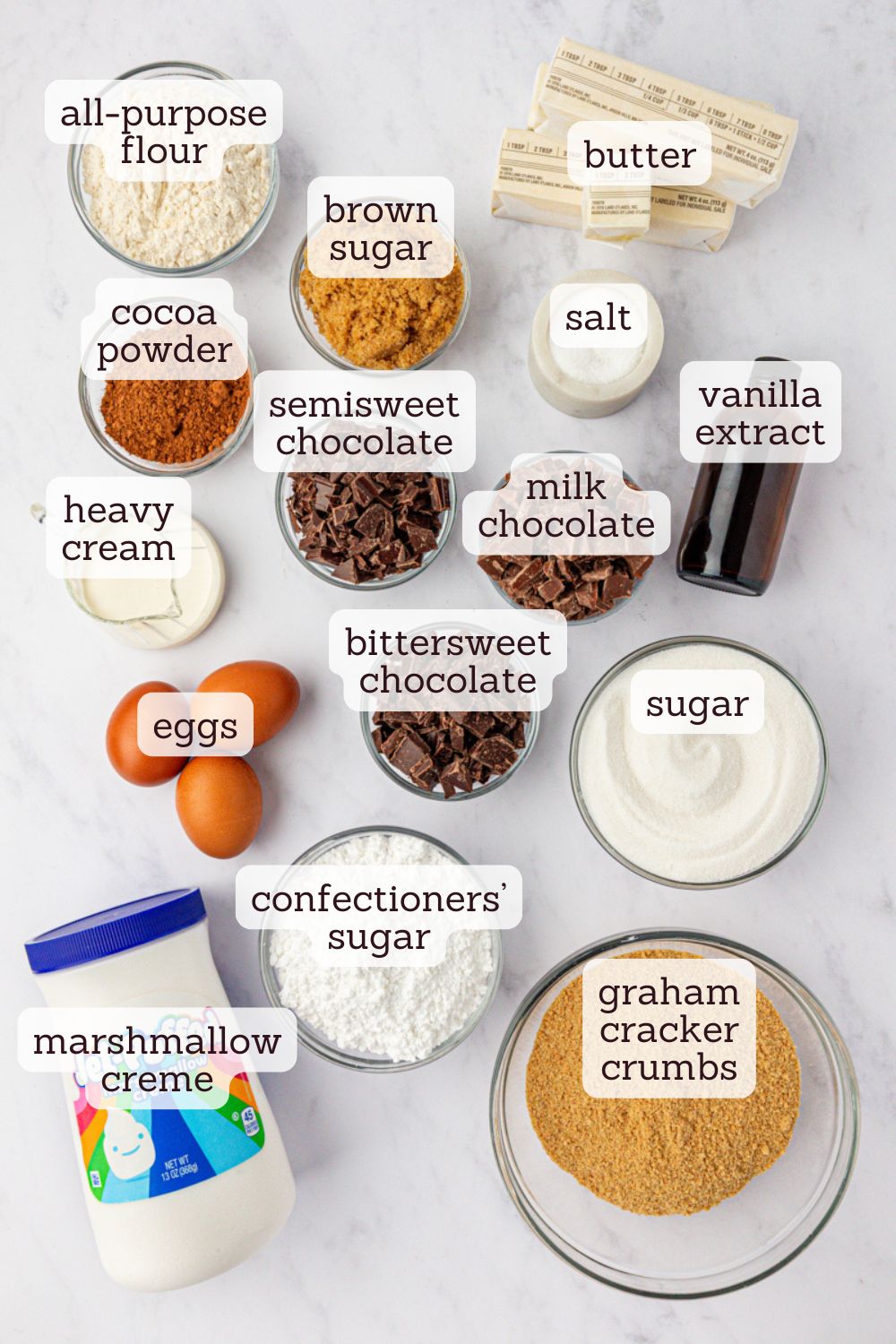 overhead view of ingredients for s'mores brownies