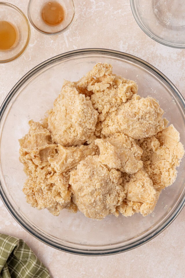 overhead view of crust and crumb mixture in a mixing bowl