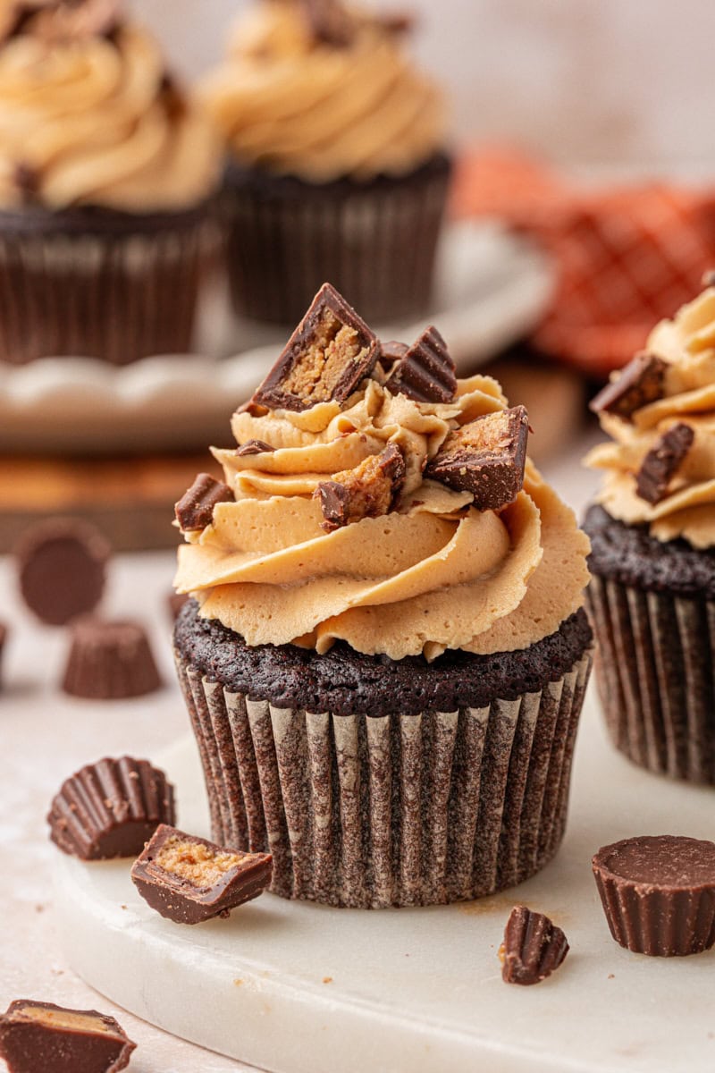 close-up of chocolate cupcake with fluffy peanut butter frosting